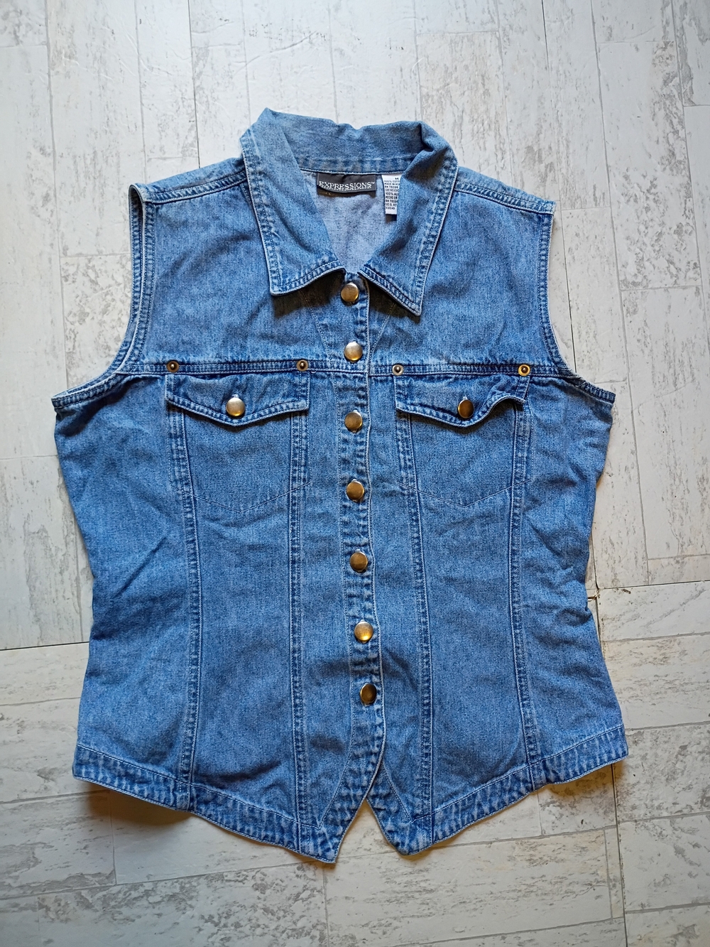 VTG 90s Y2K Grunge Expressions Light Blue Denim Sleeveless Button-Up Vest Sz S